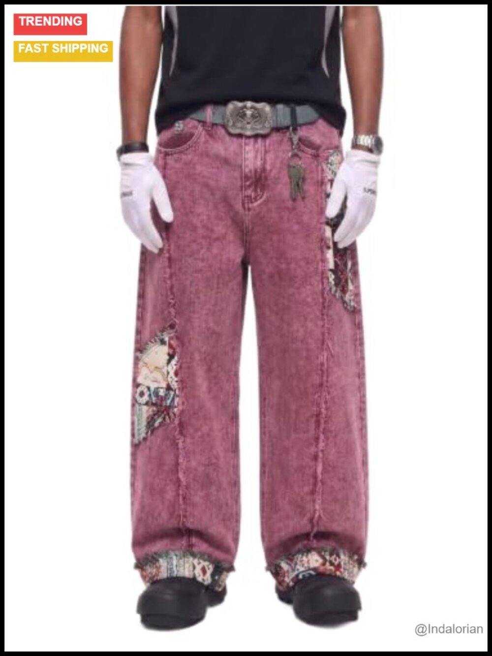 Boho Tapestry Patch Baggy Barrel Jeans Wide Leg Cotton Denim